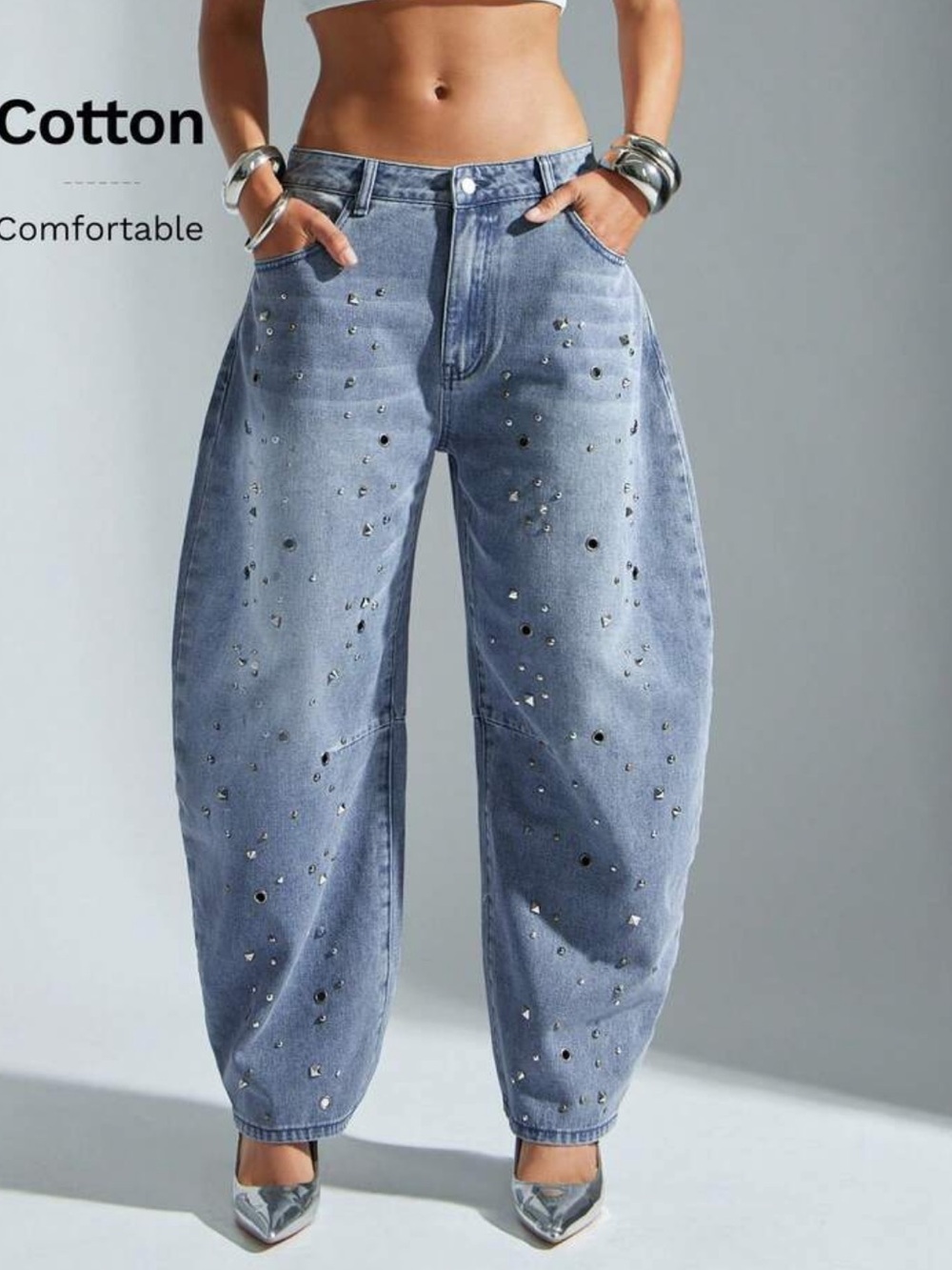 Casual Distressed Denim Jeans With Metal Stud Decor, Curved Blade Leg